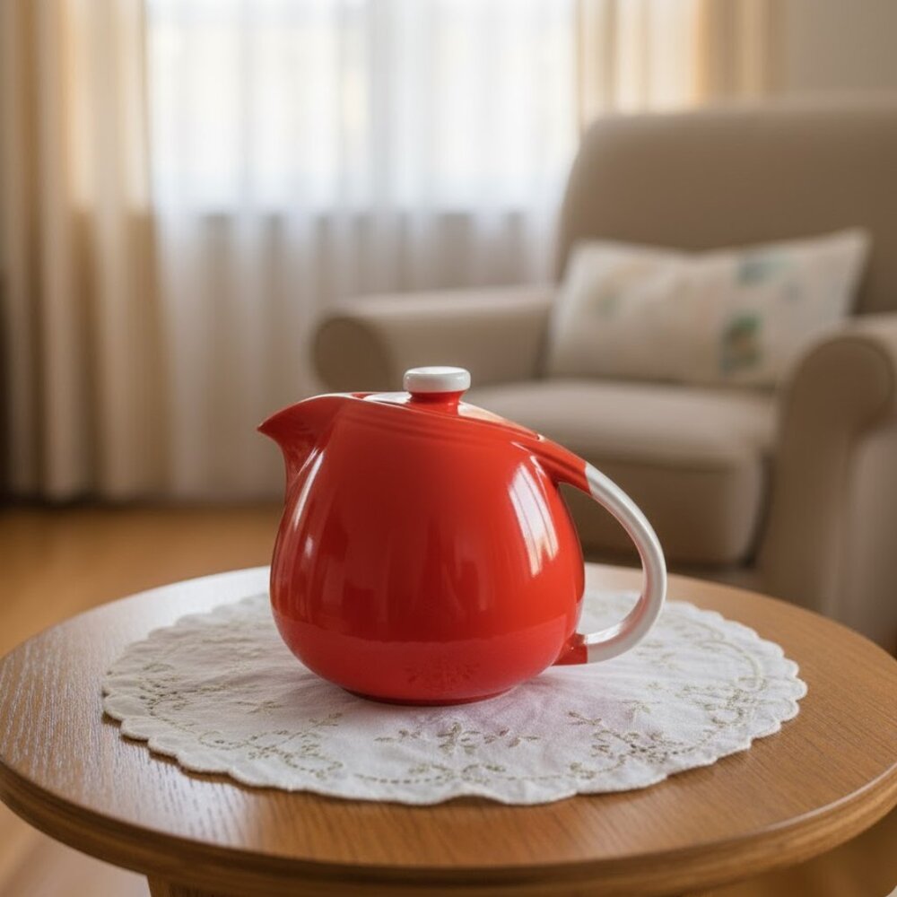1940 Hall Vintage Superior Quality Red Glazed Sani Grid Teapot, 5" Tall